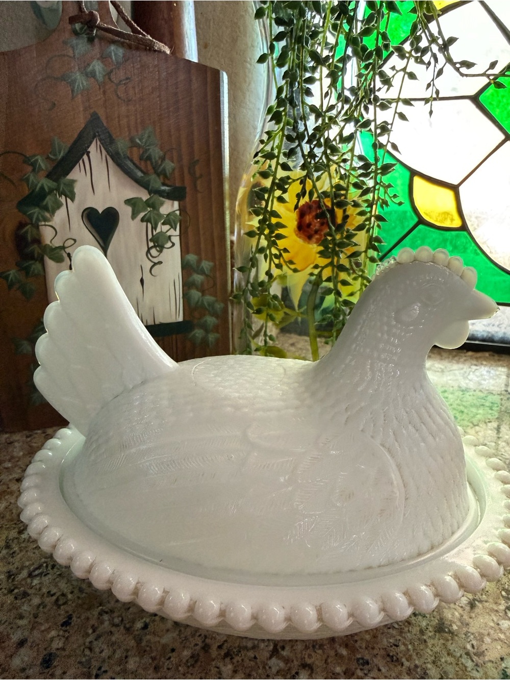 Vintage Indiana Milk Glass Hen on Nest Covered Dish